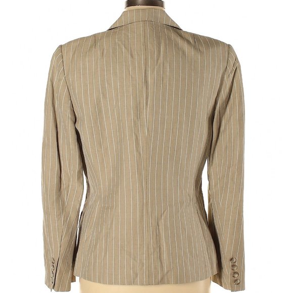90s Vintage Linen Talbots Tan Pinstriped Blazer Classic Khaki Pinstripe Jacket 8 - Picture 3 of 5